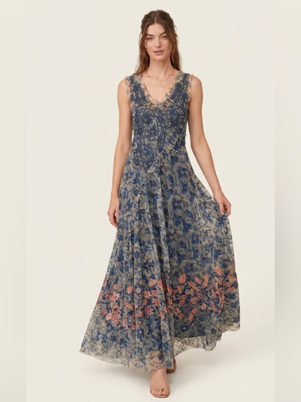 Johnny Was Mesh Floral Blue Grey Sheer Embroidered Maxi Dress Size Small